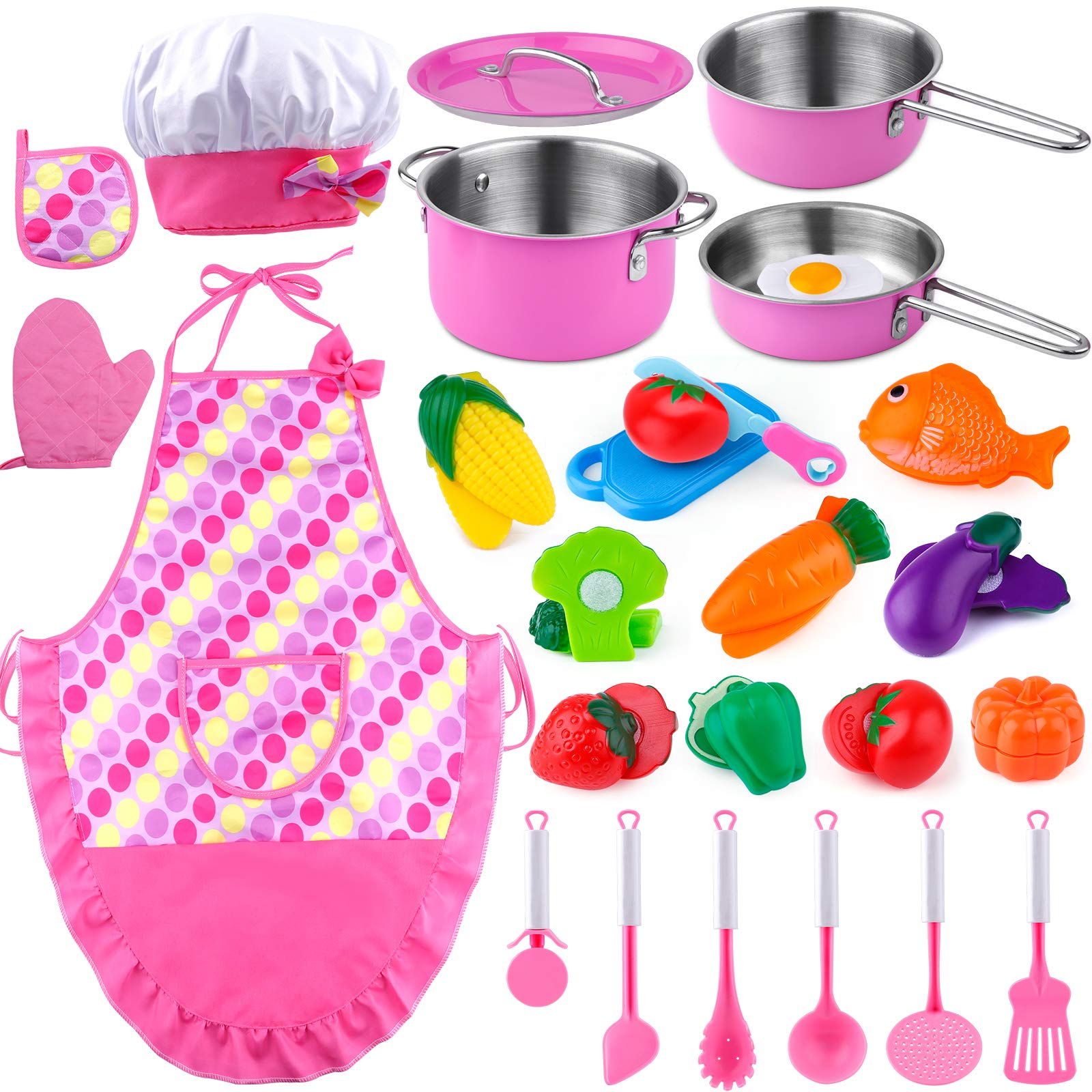 GIFTINBOX Kids Play Kitchen Accessories Set with Play Pots and Pans, Toddler Kitchen Set with Chef Apron and Hat, Birthday Gifts for Girls Toddlers Age 3-5