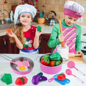 GIFTINBOX Kids Play Kitchen Accessories Set with Play Pots and Pans, Toddler Kitchen Set with Chef Apron and Hat, Birthday Gifts for Girls Toddlers Age 3-5