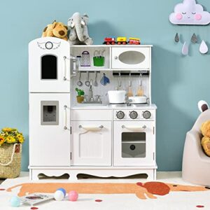 Costzon Kids Kitchen Playset, Wooden Pretend Cooking Playset w/Stove, Fridge, Microwave, Removable Sink, Water Dispenser w/Light Sound, Cabinets, Great Gift for Boys Girls