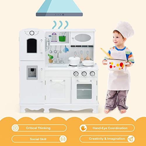 Costzon Kids Kitchen Playset, Wooden Pretend Cooking Playset w/Stove, Fridge, Microwave, Removable Sink, Water Dispenser w/Light Sound, Cabinets, Great Gift for Boys Girls