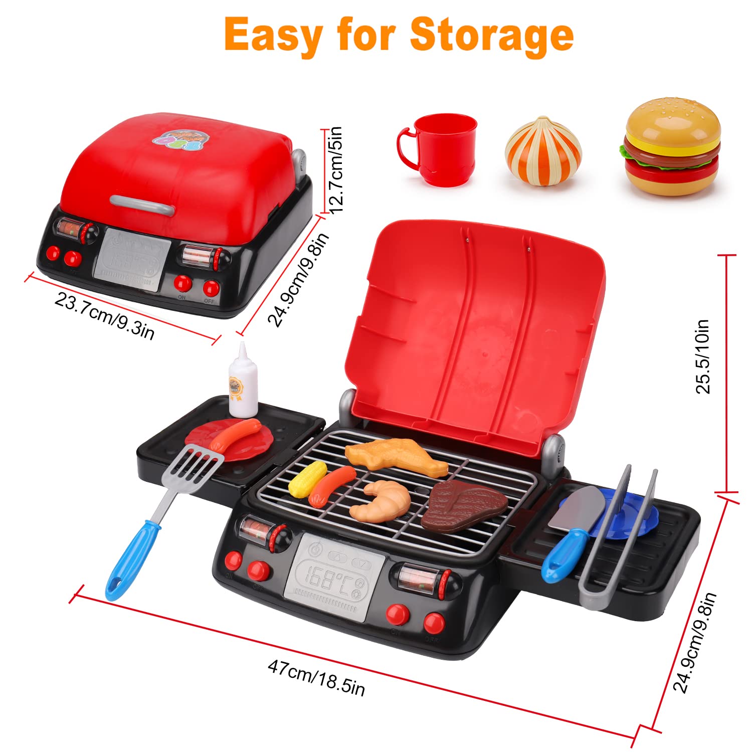 Kids Play Food Grill with Pretend Smoke Sound Light Kitchen Playset BBQ Accessories Camping Cooking Set Barbecue Toddler Girl Boy Toy 2 3 4 5 6 Year Old 4-8 Birthday Kid Outdoor Toy Gift Idea