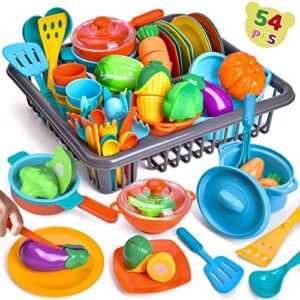 play dishes for kids kitchen, 54pcs food toys play food for kids kitchen including play dishes pots, pans & pretend food pretend toys for toddles