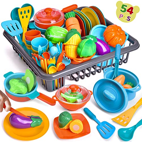 Play Dishes for Kids Kitchen, 54PCS Food Toys Play Food for Kids Kitchen Including Play Dishes Pots, Pans & Pretend Food Pretend Toys for Toddles