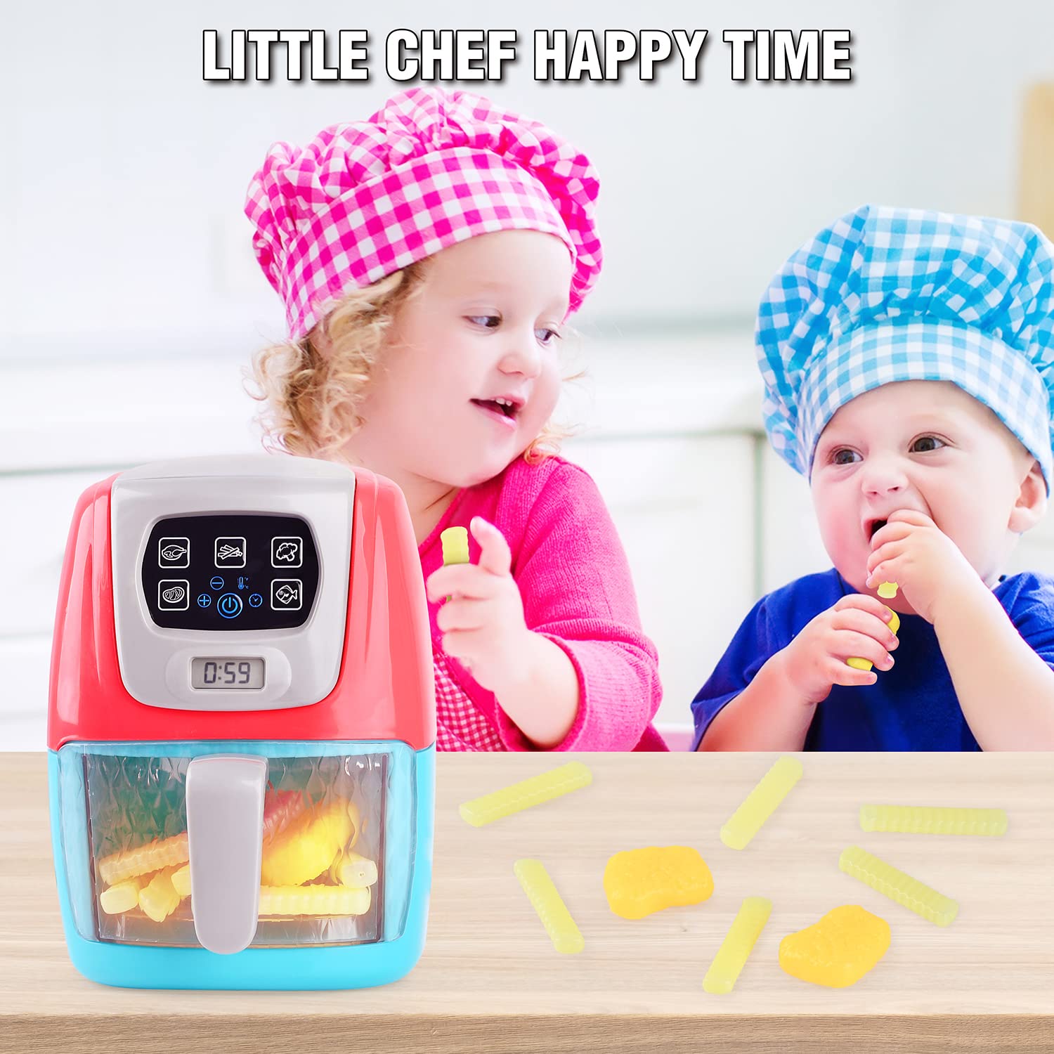 Toy Air Fryer for Kids, Kids Play Kitchen Playset Accessories, Chefs Pretend Play Kitchen Appliance Toys Oven w/Light, Sound, Play Food Grill Cooking Utensils for Kids Boys Girls Toddlers 1-3 2+