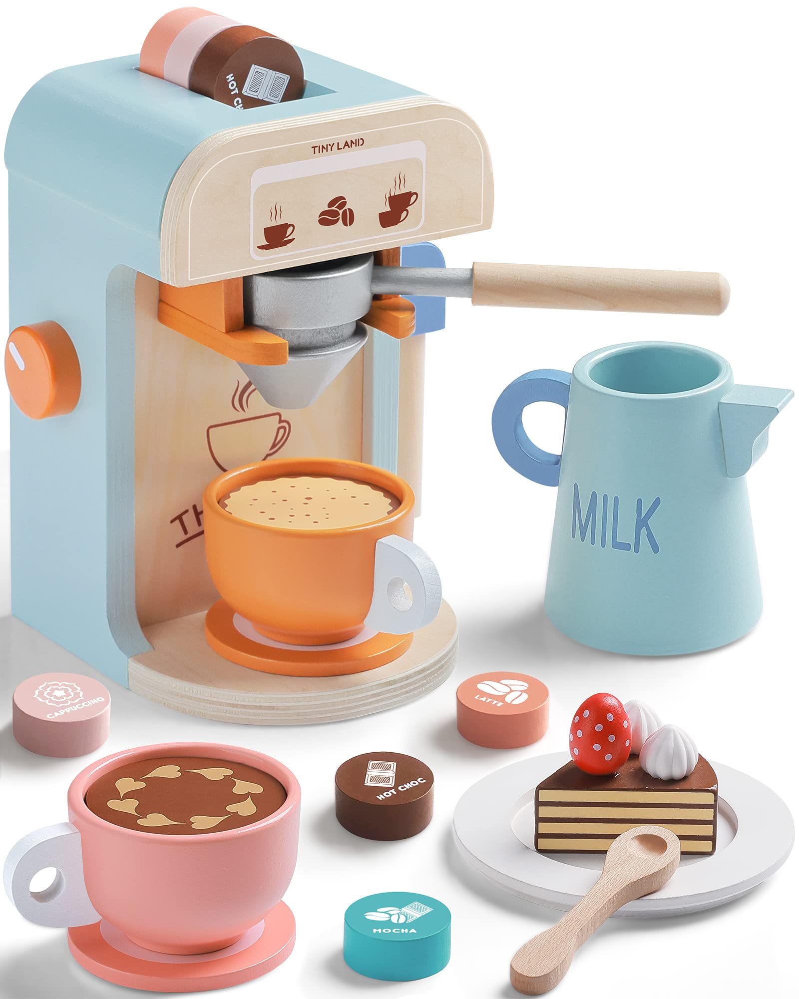 Tiny Land Kids Coffee Maker Wooden Kitchen Toys - 17Pcs Toy Coffee Maker Playset - Wooden Play Toys, Play Kitchen Accessories for Girls & Boys