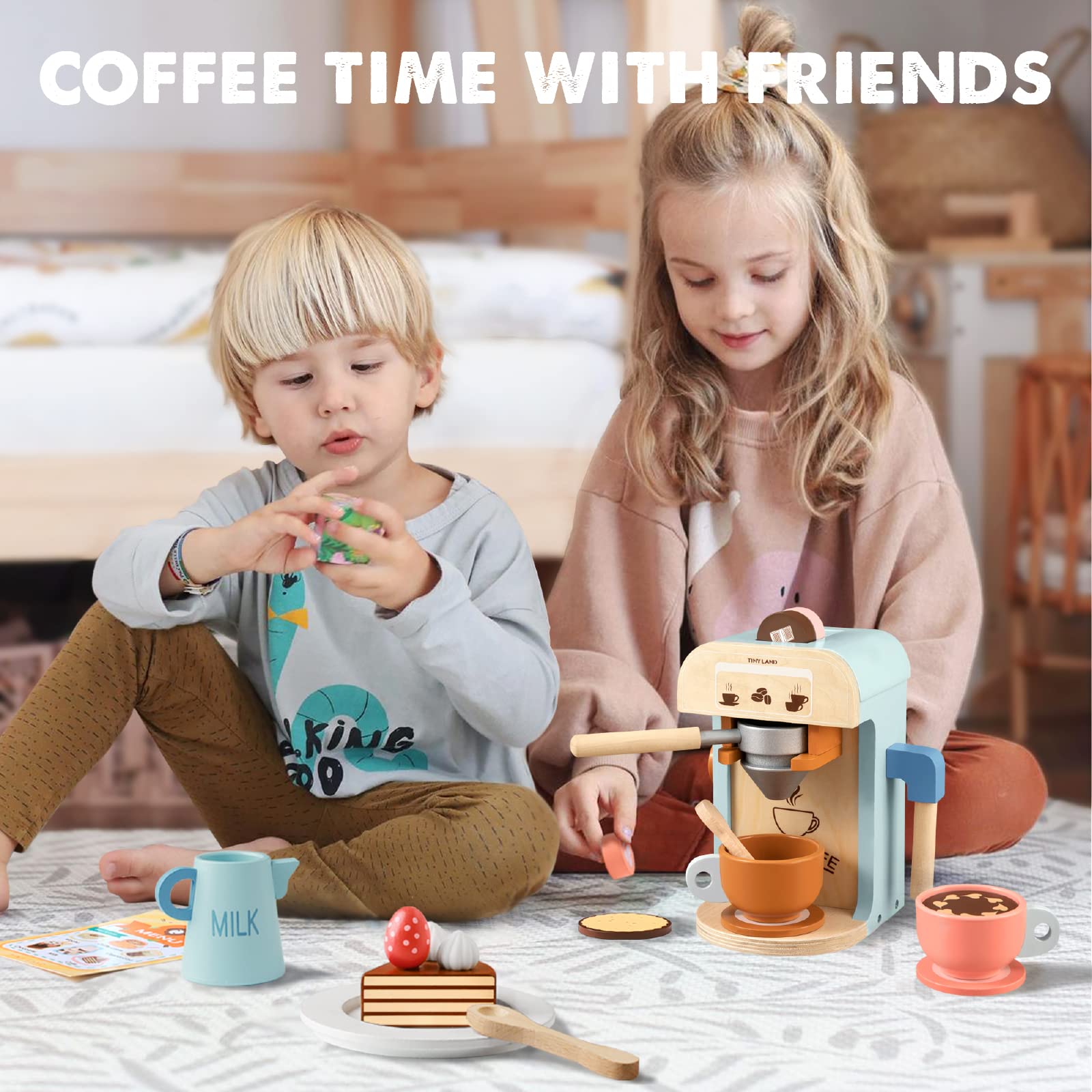 Tiny Land Kids Coffee Maker Wooden Kitchen Toys - 17Pcs Toy Coffee Maker Playset - Wooden Play Toys, Play Kitchen Accessories for Girls & Boys