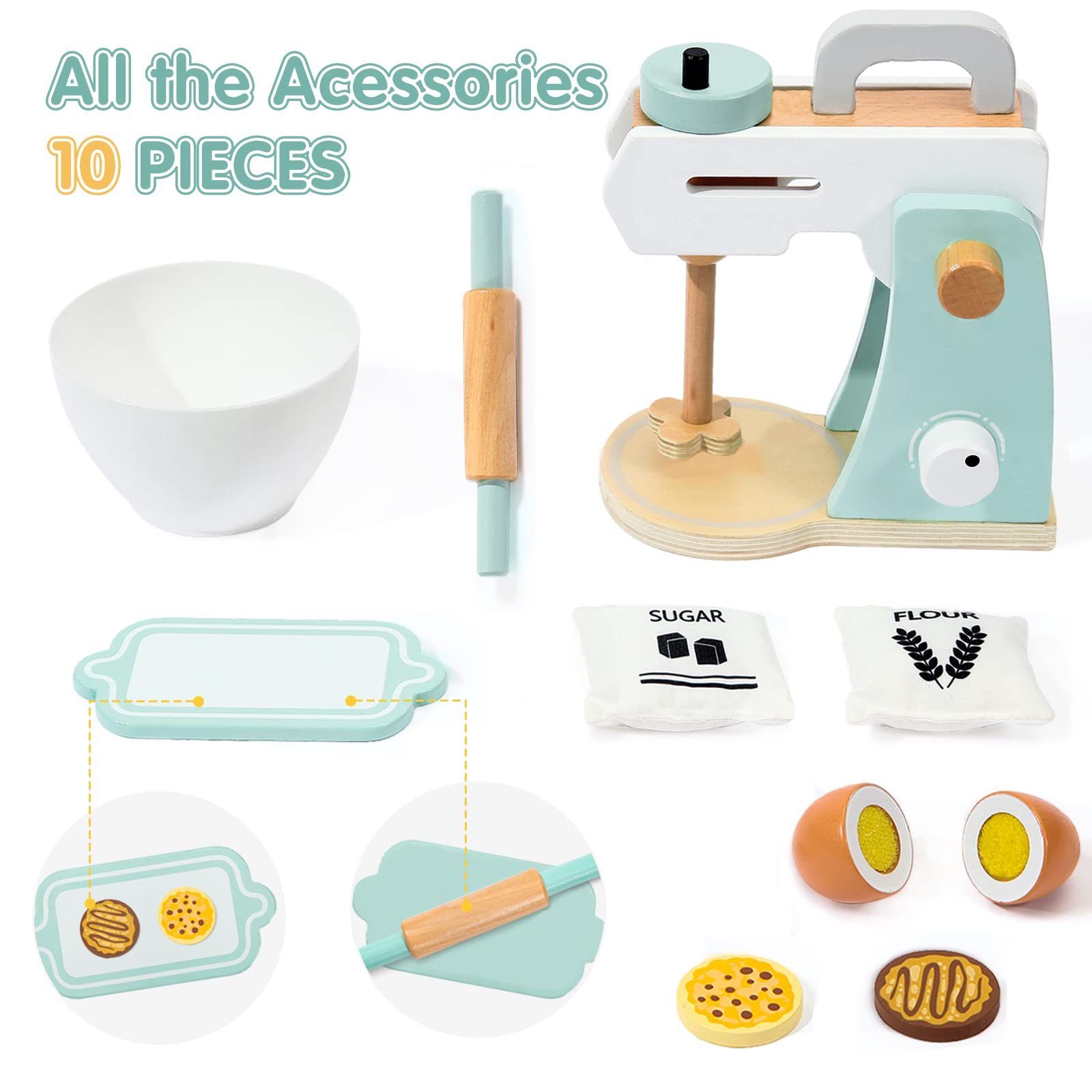 Play Kitchen Accessories, Frogprin Wooden Toy Mixer Set, Pretend Play Food Sets for Kids Kitchen - includes Extra Egg, Rolling Pin, Cookies, Sugar, Flour