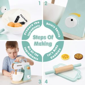 Play Kitchen Accessories, Frogprin Wooden Toy Mixer Set, Pretend Play Food Sets for Kids Kitchen - includes Extra Egg, Rolling Pin, Cookies, Sugar, Flour