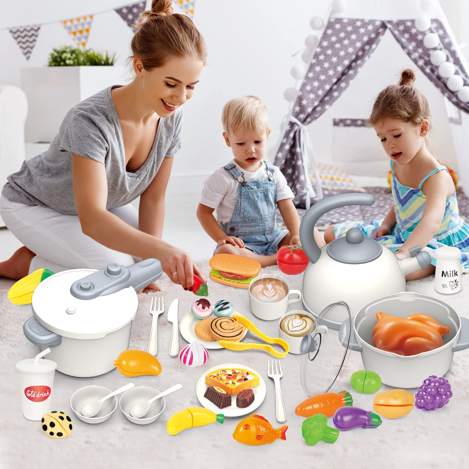 Yalujumb Kids Kitchen Toys,76PCS Pretend Play Kitchen Set Cooking Toys for Kids Girls Boys Toddlers, Kitchen Playset Accessories with Play Food Pots Pans Utensils and Dishes