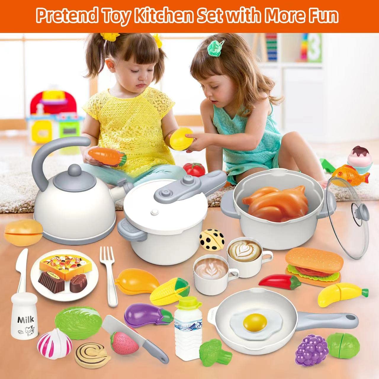 Yalujumb Kids Kitchen Toys,76PCS Pretend Play Kitchen Set Cooking Toys for Kids Girls Boys Toddlers, Kitchen Playset Accessories with Play Food Pots Pans Utensils and Dishes