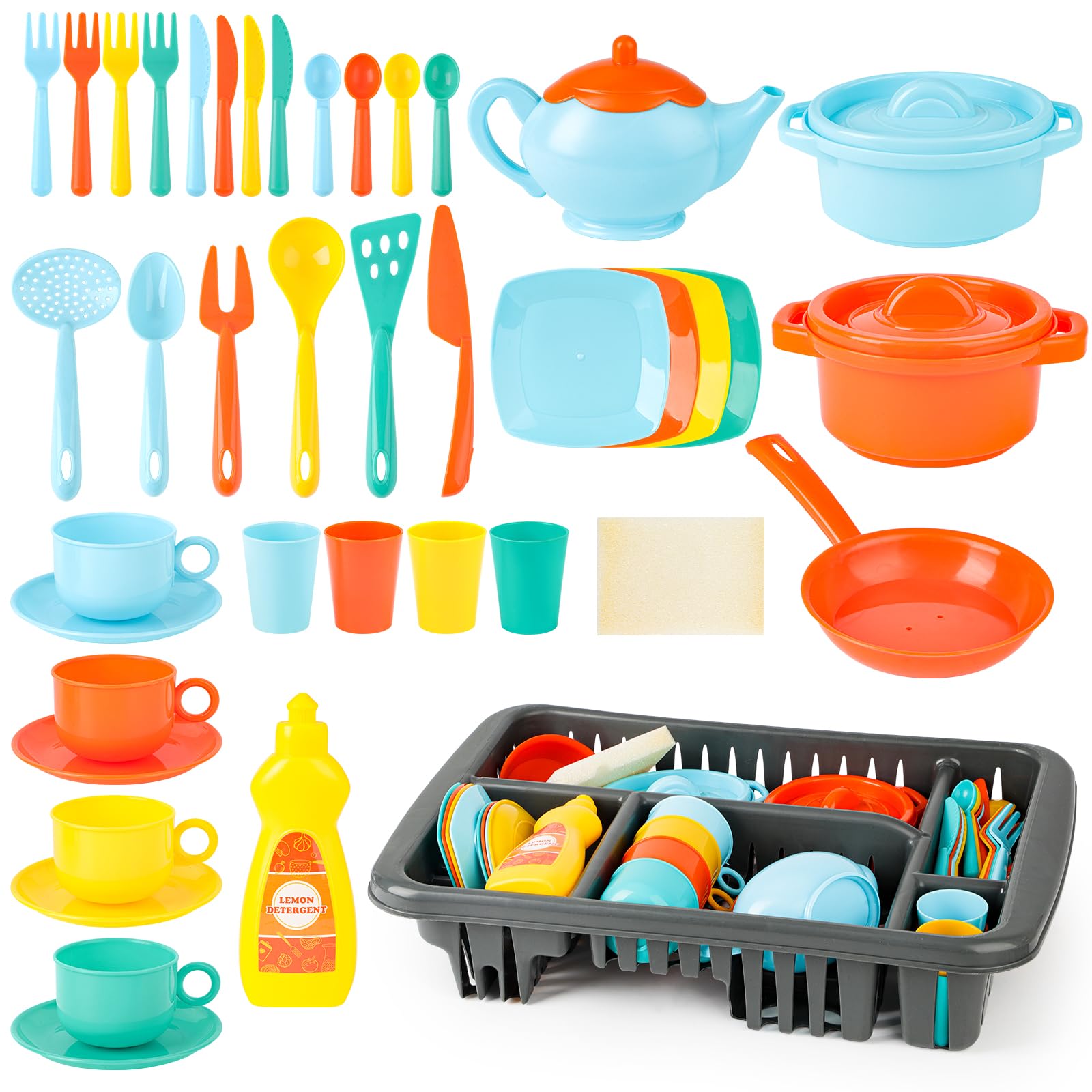 deAO 41PCS Kids Play Dishes Durable Pretend Play Kitchen Set for Kids Children Tableware Dishes Playset with Drainer - Play Kitchen Accessories for Girls Boys Kids