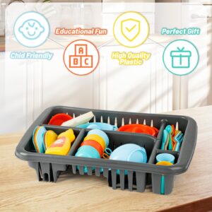 deAO 41PCS Kids Play Dishes Durable Pretend Play Kitchen Set for Kids Children Tableware Dishes Playset with Drainer - Play Kitchen Accessories for Girls Boys Kids