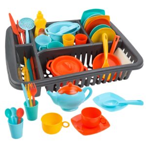 deAO 41PCS Kids Play Dishes Durable Pretend Play Kitchen Set for Kids Children Tableware Dishes Playset with Drainer - Play Kitchen Accessories for Girls Boys Kids