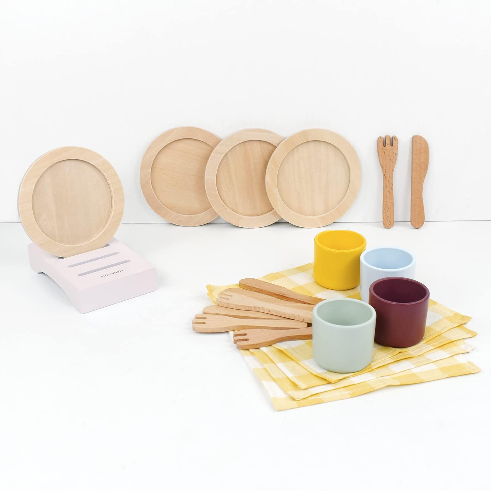 Pillowhale Wooden Toy Plates and Dishes Set,Play Kitchen Cutlery and Plate Set,21Piece Kids Kitchen Playset Accessories for Toddlers Boys Girls Ages 3+