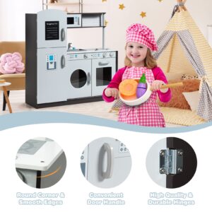 HONEY JOY Kids Kitchen Playset, Wooden Little Chef Pretend Toy Kitchen Set w/Sounds, Sink, Stove, Microwave, Storage Cabinet, Shop List, Play Kitchen for Toddlers, Gift for Boys Girls 3+, Gray