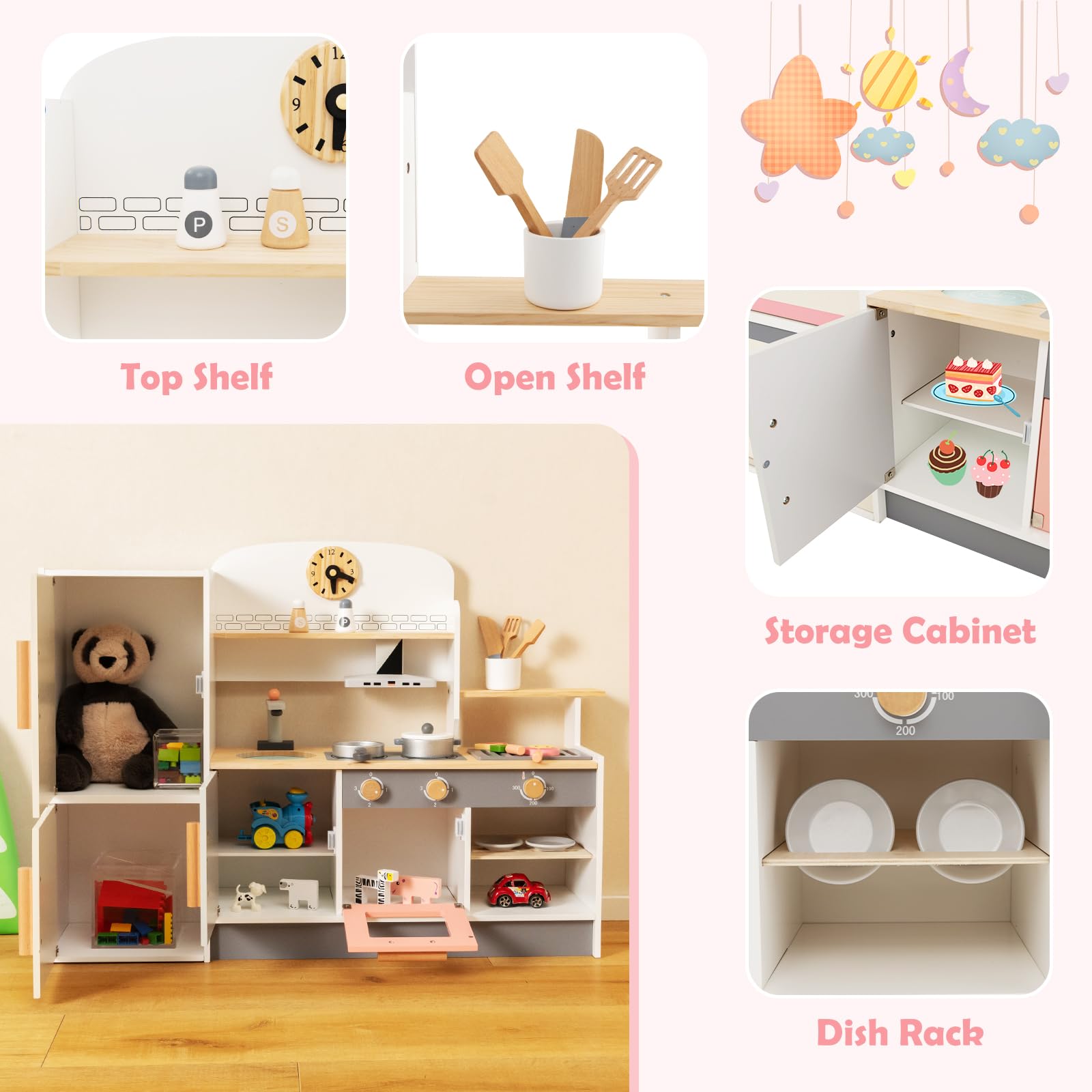 HONEY JOY Kids Kitchen Playset, 3-in-1 Wooden Play Kitchen for Toddlers & Refrigerator & Barbecue Grill Set, Range Hood, Bowl Rack, Little Chef Pretend Toy Kitchen Set, Gift for Boys Girls, Natural