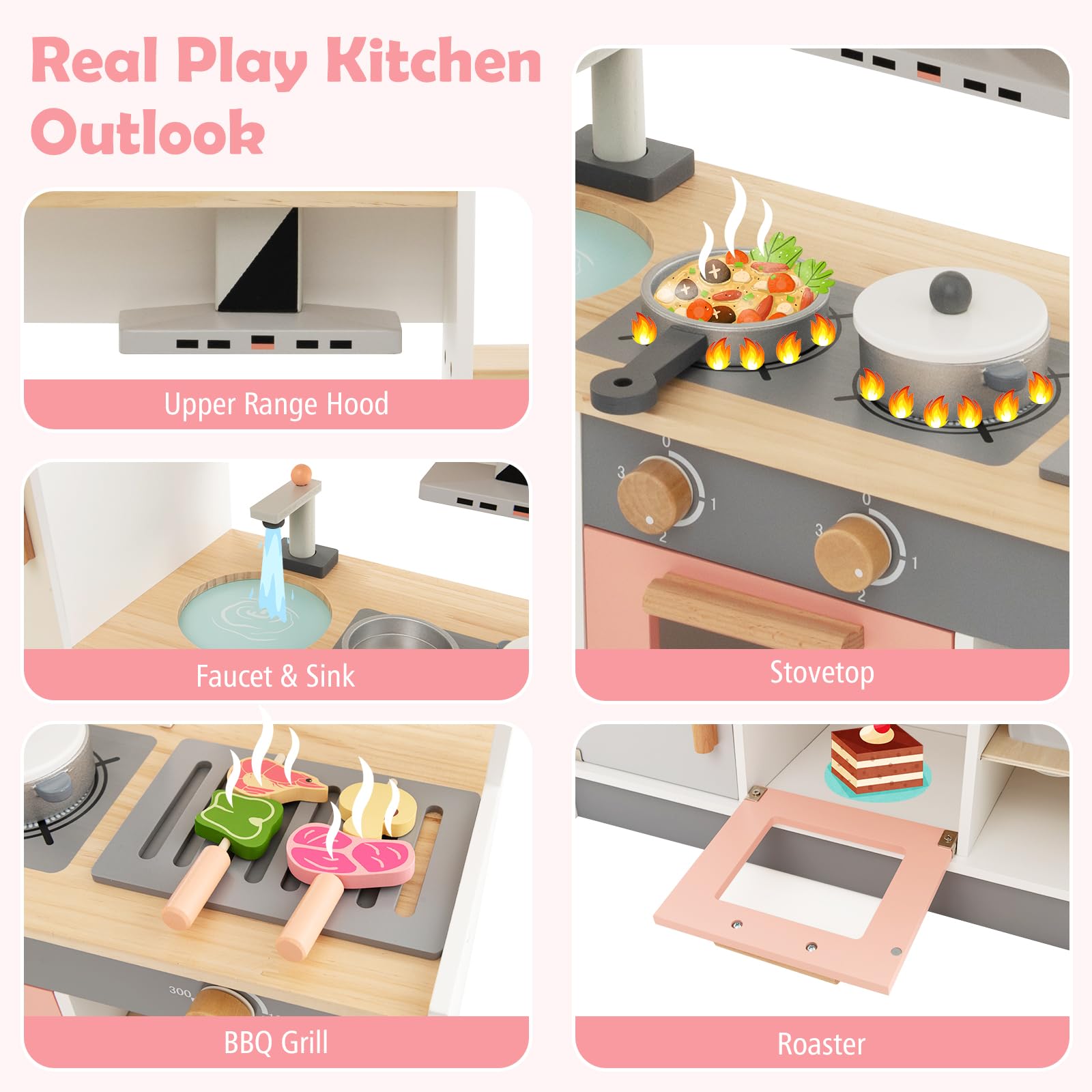 HONEY JOY Kids Kitchen Playset, 3-in-1 Wooden Play Kitchen for Toddlers & Refrigerator & Barbecue Grill Set, Range Hood, Bowl Rack, Little Chef Pretend Toy Kitchen Set, Gift for Boys Girls, Natural