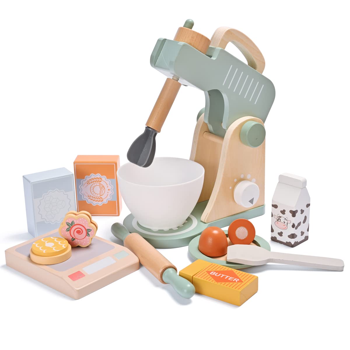 MONT PLEASANT Play Kitchen Accessories, Pretend play food sets for kids kitchen, Wooden Toy Mixer Set, Blender Bake Cookies Playset Cooking Kitchen Accessories Toys for Boys Girls Ages 3+