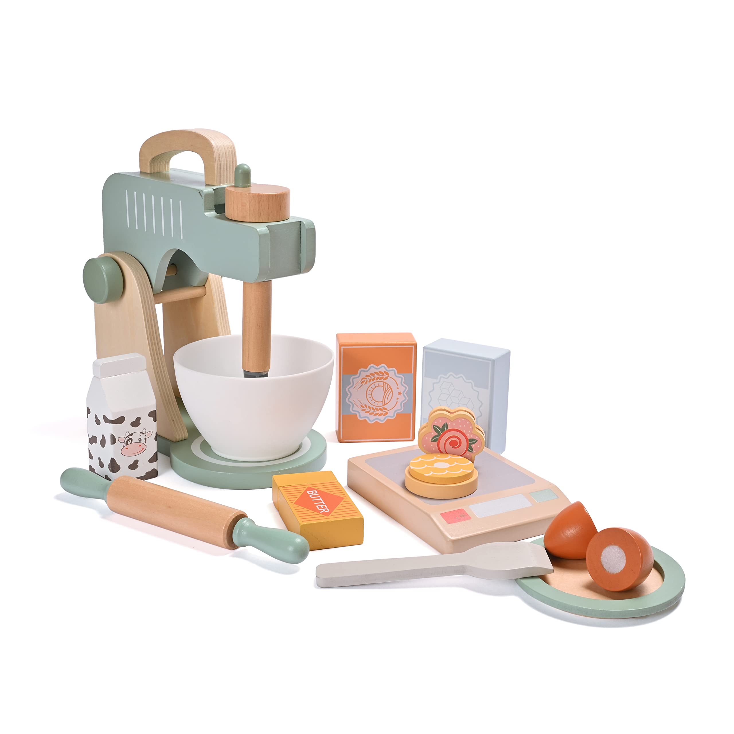 MONT PLEASANT Play Kitchen Accessories, Pretend play food sets for kids kitchen, Wooden Toy Mixer Set, Blender Bake Cookies Playset Cooking Kitchen Accessories Toys for Boys Girls Ages 3+