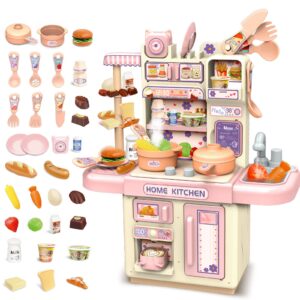 deAO Mini Kitchen Playset Toy,33 PCS Play Kitchen with Realistic Steam and Lights, Role Playing Game Pretend Food and Cooking Playset, Mini Kitchen Accessories Set for 3 4 Girls Boys