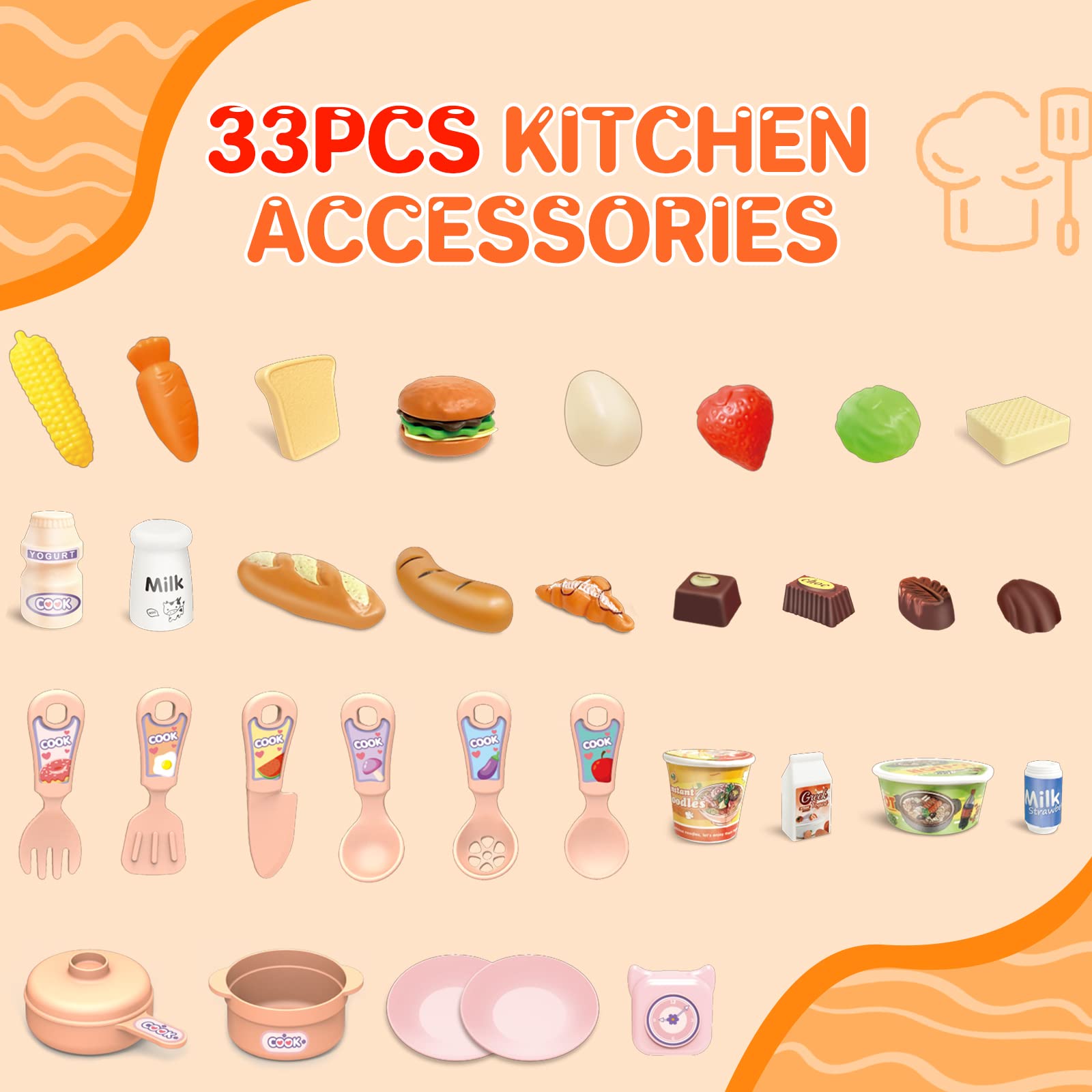 deAO Mini Kitchen Playset Toy,33 PCS Play Kitchen with Realistic Steam and Lights, Role Playing Game Pretend Food and Cooking Playset, Mini Kitchen Accessories Set for 3 4 Girls Boys