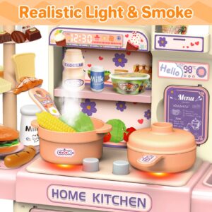 deAO Mini Kitchen Playset Toy,33 PCS Play Kitchen with Realistic Steam and Lights, Role Playing Game Pretend Food and Cooking Playset, Mini Kitchen Accessories Set for 3 4 Girls Boys