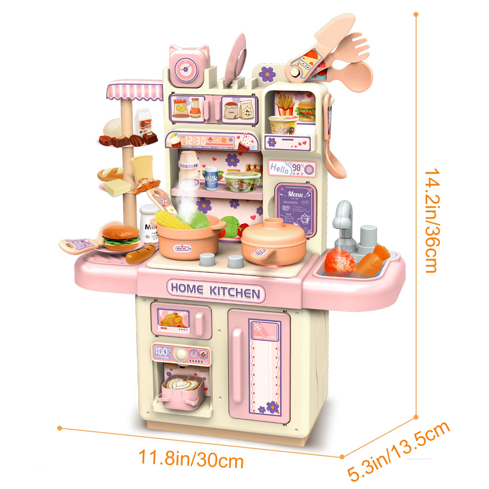 deAO Mini Kitchen Playset Toy,33 PCS Play Kitchen with Realistic Steam and Lights, Role Playing Game Pretend Food and Cooking Playset, Mini Kitchen Accessories Set for 3 4 Girls Boys