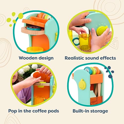 B. toys- Café au Play- Pretend Play Wooden Coffee Maker for Kids- Wooden Coffee Machine Set – 10 Pretend Play Accessories – Kitchen Play Set – 2 Years +