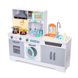 lil’ jumbl kids wooden kitchen set, pretend working sink with real running water, includes range hood, microwave & stove top that make realistic sound & light, full accessory set included