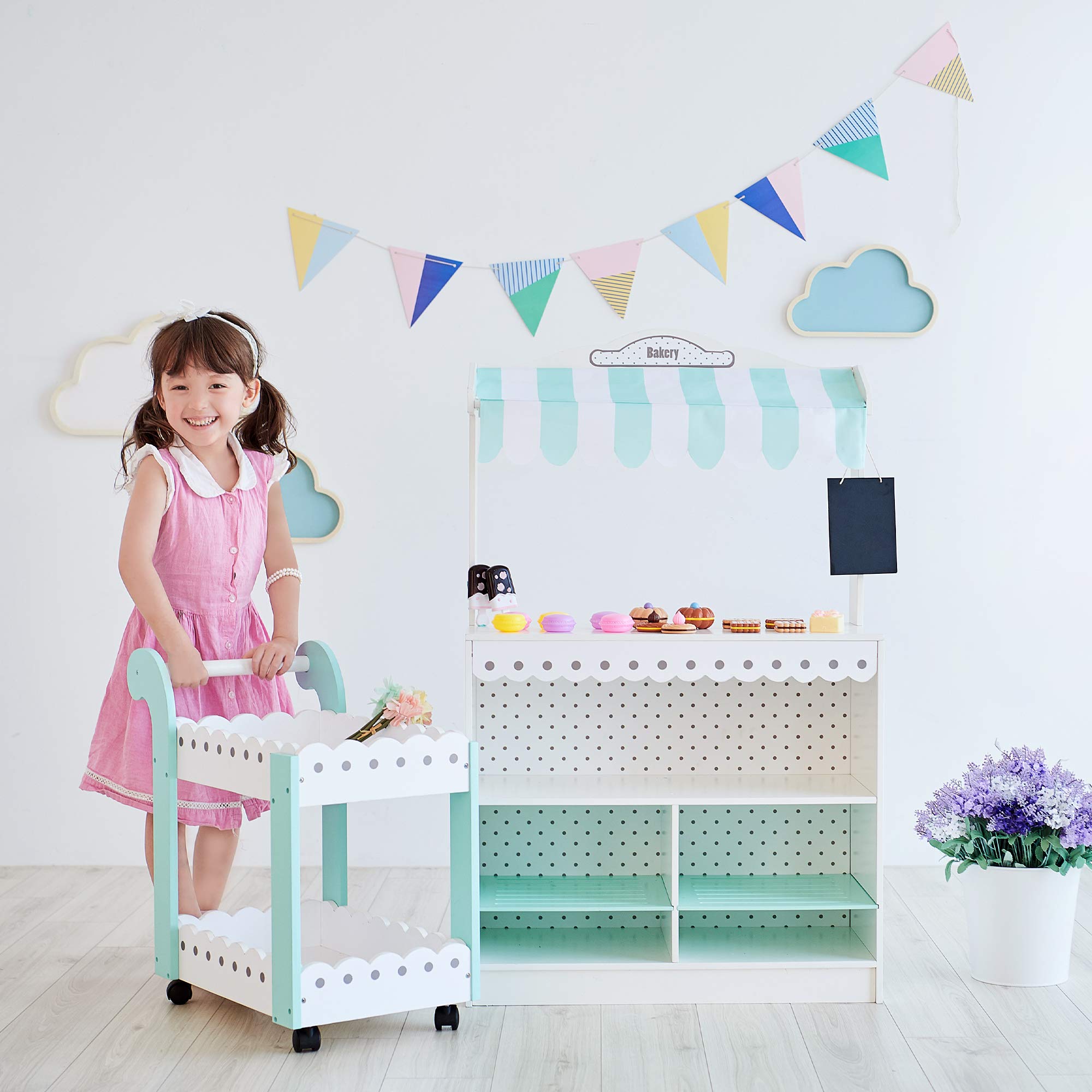 Teamson Kids My Dream Bakery Shop Dessert Stand and Rolling Pastry Cart Interactive Wooden Play Set with 18 Pretend Baked Goods, White and Mint Green with Gray Polka Dot Accents