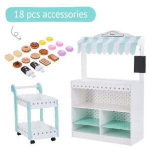 Teamson Kids My Dream Bakery Shop Dessert Stand and Rolling Pastry Cart Interactive Wooden Play Set with 18 Pretend Baked Goods, White and Mint Green with Gray Polka Dot Accents