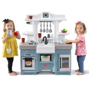 step2 timeless trends kitchen set for kids, indoor/outdoor play kitchen set, toddlers 2+ years old, 18 piece kitchen toy set, easy to assemble, blue