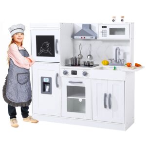 wooden kids kitchen playset with 20-piece cookware accessories and realistic features - ice maker, microwave, oven, range hood, sink, lights and sounds, white