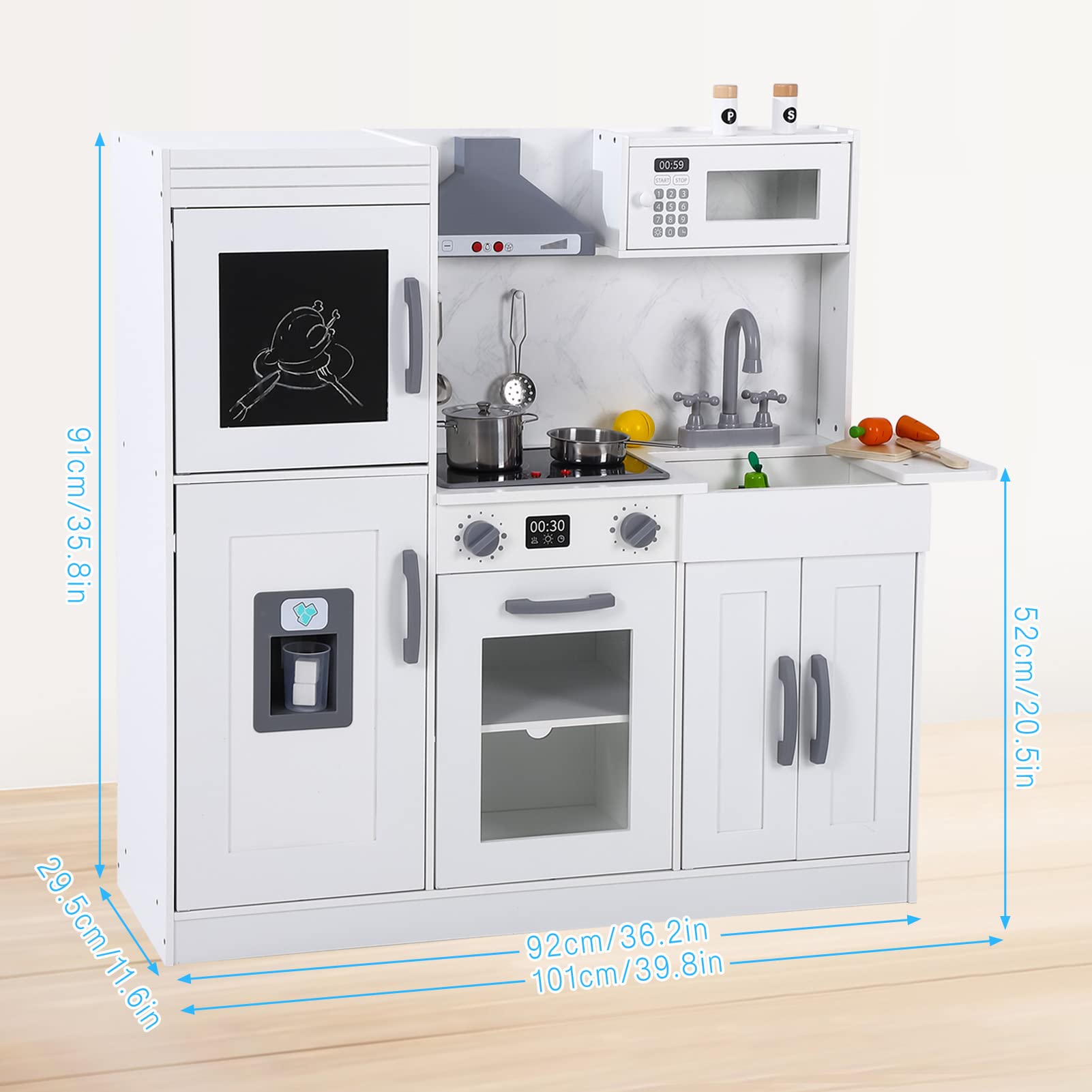 Wooden Kids Kitchen Playset with 20-Piece Cookware Accessories and Realistic Features - Ice Maker, Microwave, Oven, Range Hood, Sink, Lights and Sounds, White