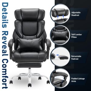 Office Chair with Footrest-Ergonomic Computer Chair with Extra Lumbar Support Pillow, High Back Executive Desk Chair Thick Bonded Leather, Large Home Office Work Chair with Wide Seat for Comfort-Black