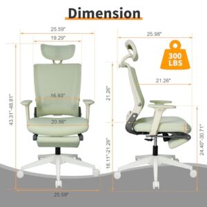 foldable ergonomic office chair, high back desk chair with footrest, mesh back computer chair with fixed headrest, 2d armrest, adjustable lumbar support, soft sponge seat, swivel task chair, green