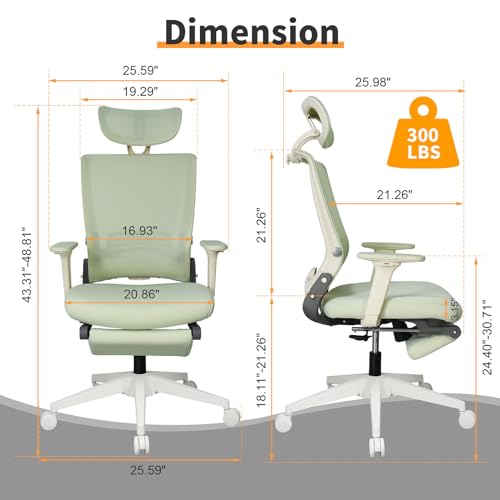 Foldable Ergonomic Office Chair, High Back Desk Chair with Footrest, Mesh Back Computer Chair with Fixed Headrest, 2D Armrest, Adjustable Lumbar Support, Soft Sponge Seat, Swivel Task Chair, Green