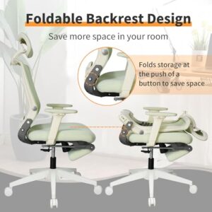 Foldable Ergonomic Office Chair, High Back Desk Chair with Footrest, Mesh Back Computer Chair with Fixed Headrest, 2D Armrest, Adjustable Lumbar Support, Soft Sponge Seat, Swivel Task Chair, Green