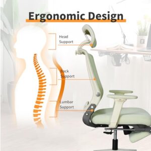 Foldable Ergonomic Office Chair, High Back Desk Chair with Footrest, Mesh Back Computer Chair with Fixed Headrest, 2D Armrest, Adjustable Lumbar Support, Soft Sponge Seat, Swivel Task Chair, Green