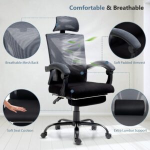 Reclining Office Chair with Foot Rest, Mesh Office Chair, Ergonomic Office Chair with footrest, Computer Desk Chair with Lumbar Support Pillow, 280lb Capacity