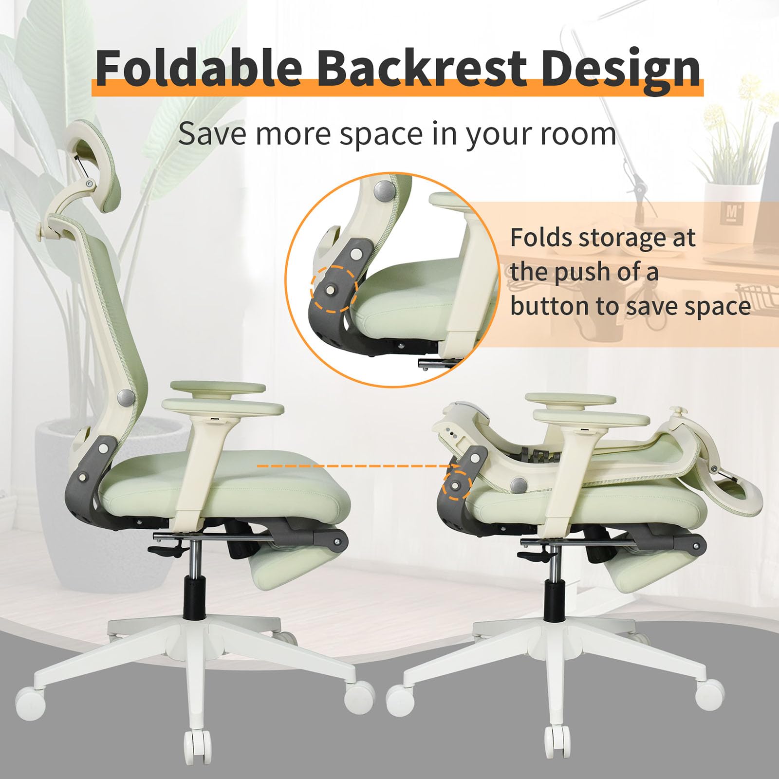 Foldable Ergonomic Office Chair, High Back Desk Chair with Footrest, Mesh Back Computer Chair with Fixed Headrest, 2D Armrest, Adjustable Lumbar Support, Soft Sponge Seat, Swivel Task Chair, Green