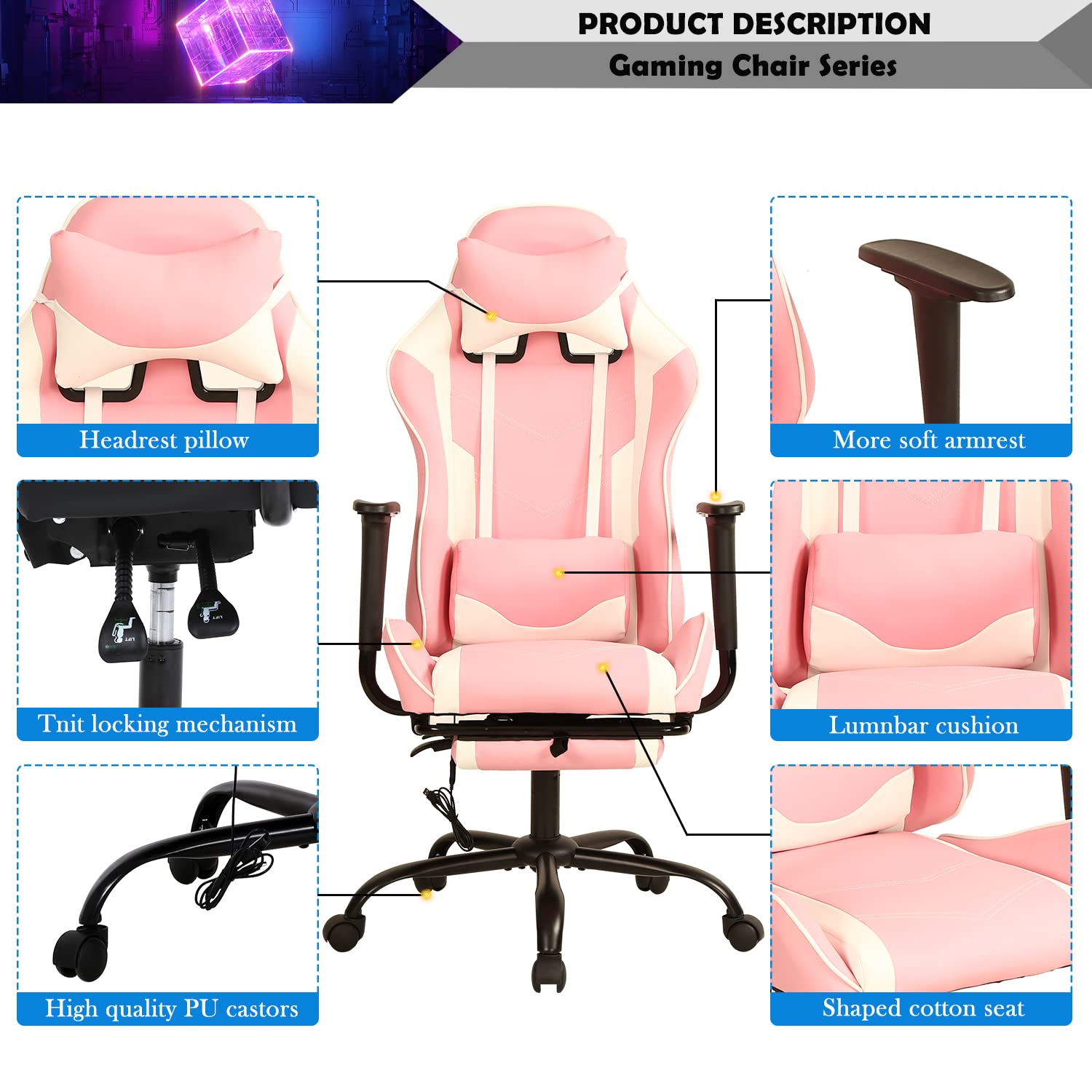 Gaming Chair, Height Adjustable Swivel Rolling Chair with Headrest Footrest and Massage Lumbar Support, PU High Back Ergonomic PC Chair for Office or Gaming, Office Gaming Chair