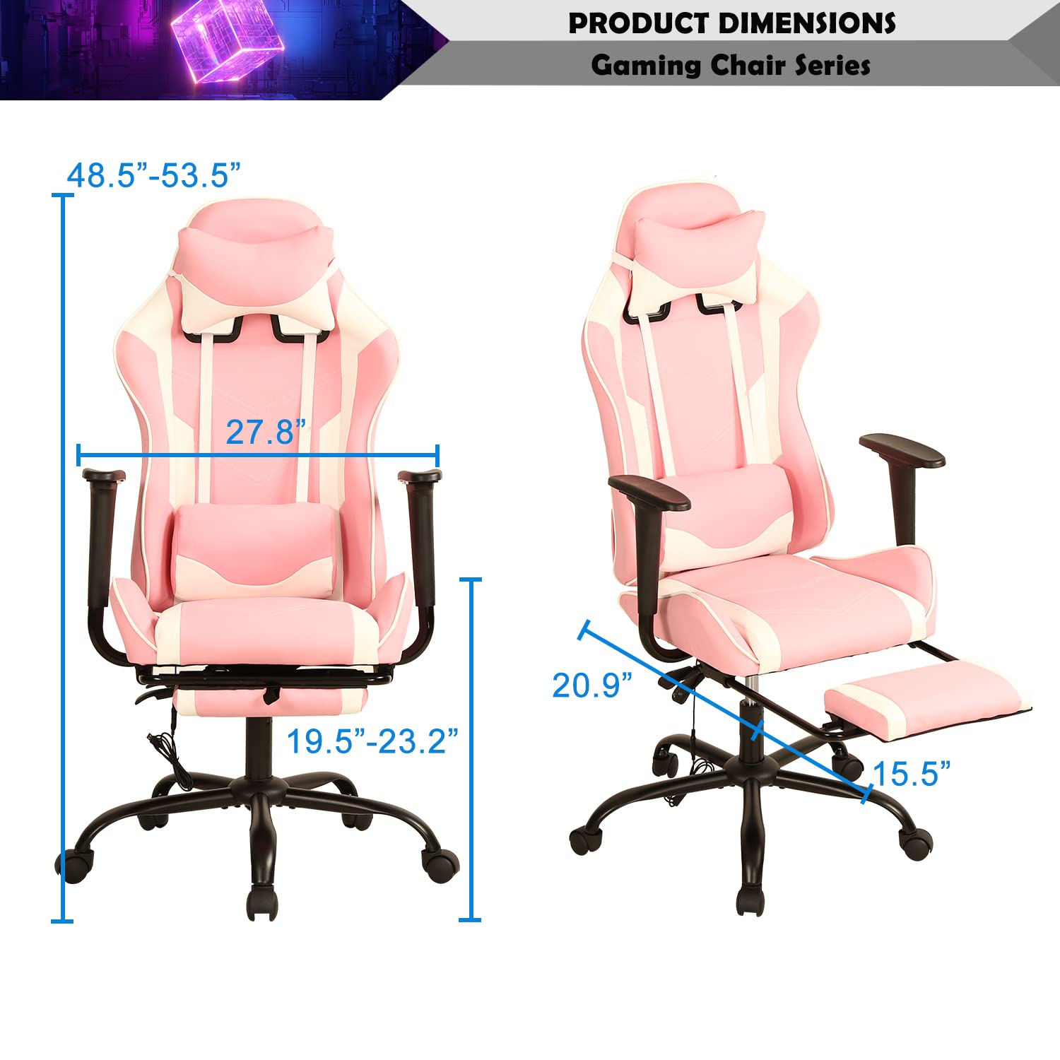 Gaming Chair, Height Adjustable Swivel Rolling Chair with Headrest Footrest and Massage Lumbar Support, PU High Back Ergonomic PC Chair for Office or Gaming, Office Gaming Chair