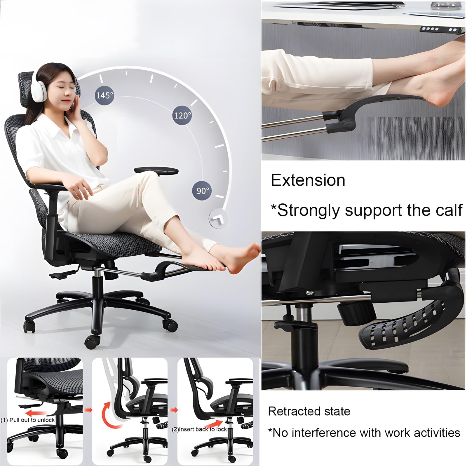 ButxeT Ergonomic Office Chair, Reclining Office Chair Desk Chair with Foot Rest, Adjustable armrests-Adjustable headrest-Lumbar Support and PU Wheels-Swivel Computer Office Chair,Black