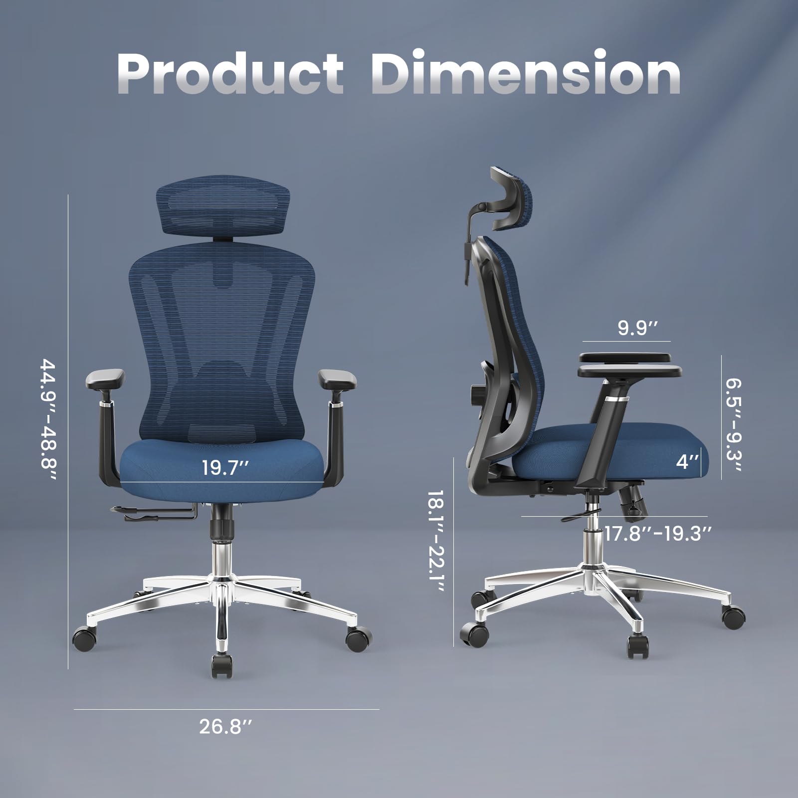 Farini Office Chair Ergonomic Desk Chair, High Back Office Chair with Wheels, Home Office Chair for Heavy People, Office Chair Adjustable Seat Depth, 3D Armrests and Adjustable Headrest, Blue