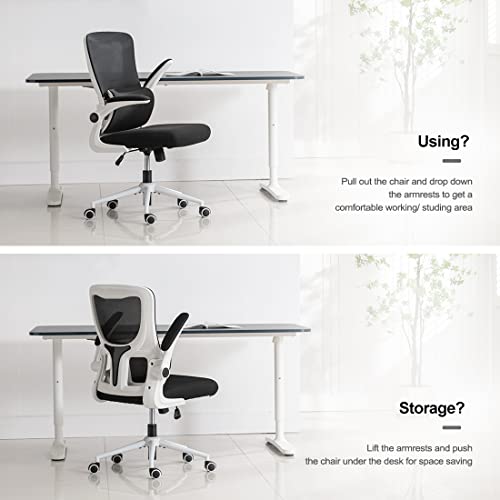 Office Chair Height-Adjustable Ergonomic Desk Chair with Self-adaptive Lumbar Support, Breathable Mesh Computer Chair High Back Swivel Task Chair with Flip-up Armrests - White