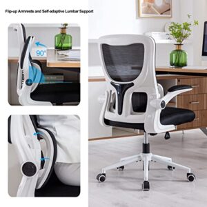 Office Chair Height-Adjustable Ergonomic Desk Chair with Self-adaptive Lumbar Support, Breathable Mesh Computer Chair High Back Swivel Task Chair with Flip-up Armrests - White