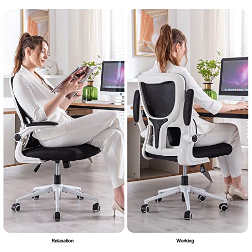 Office Chair Height-Adjustable Ergonomic Desk Chair with Self-adaptive Lumbar Support, Breathable Mesh Computer Chair High Back Swivel Task Chair with Flip-up Armrests - White