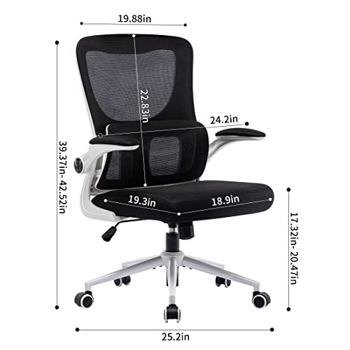 Office Chair Height-Adjustable Ergonomic Desk Chair with Self-adaptive Lumbar Support, Breathable Mesh Computer Chair High Back Swivel Task Chair with Flip-up Armrests - White