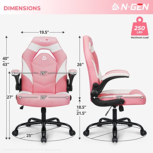 N-GEN Video Gaming Computer Chair Ergonomic Office Chair Desk Chair with Lumbar Support Flip Up Arms Adjustable Height Swivel PU Leather Executive with Wheels for Adults Women Men (Pink)